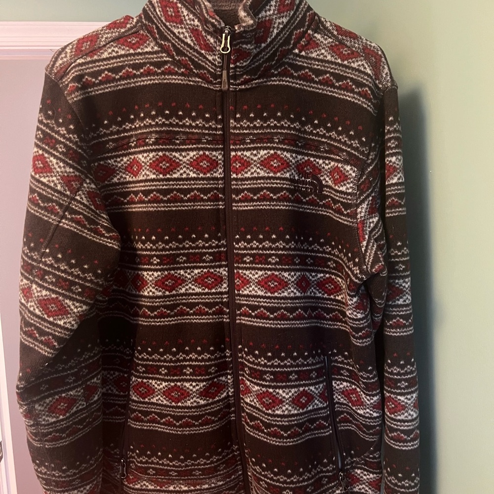 The North Face Brown and Red Patterned zip up fleece jacket